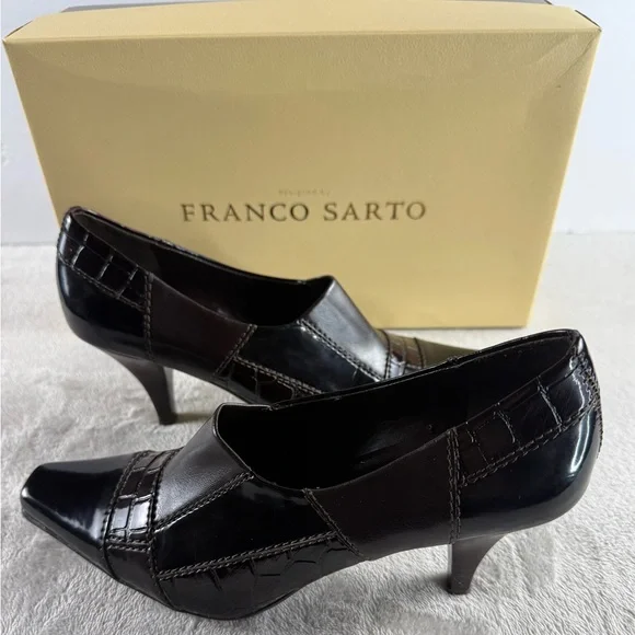 Franco Sarto Black and Brown Heels Croc Embossed Heel/Booties 💕 - Picture 1 of 10